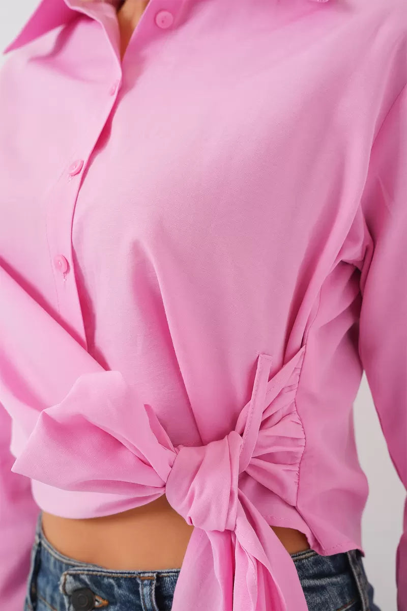 Kadın Bağlamalı Uzun Kol Pamuklu Pembe Gömlek