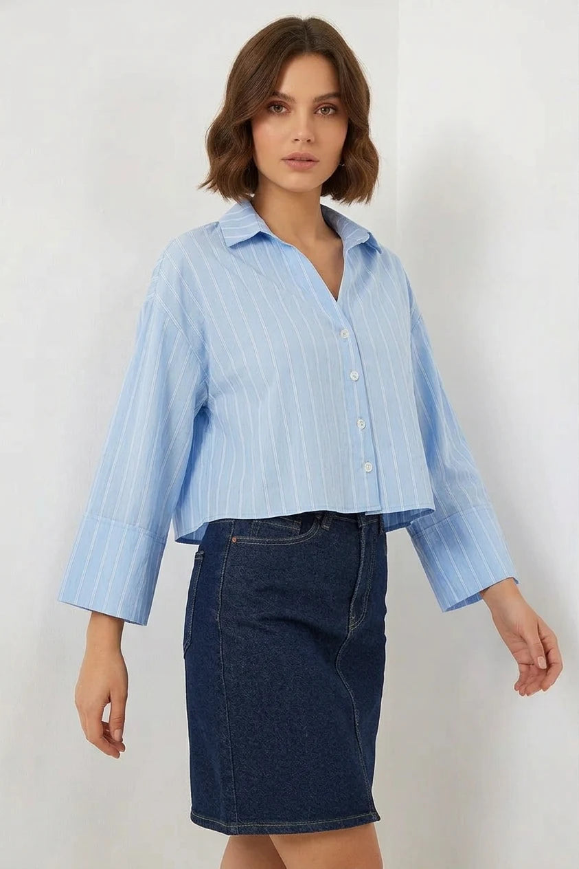 Kadın Oversize Çizgili Viskon Mavi Gömlek