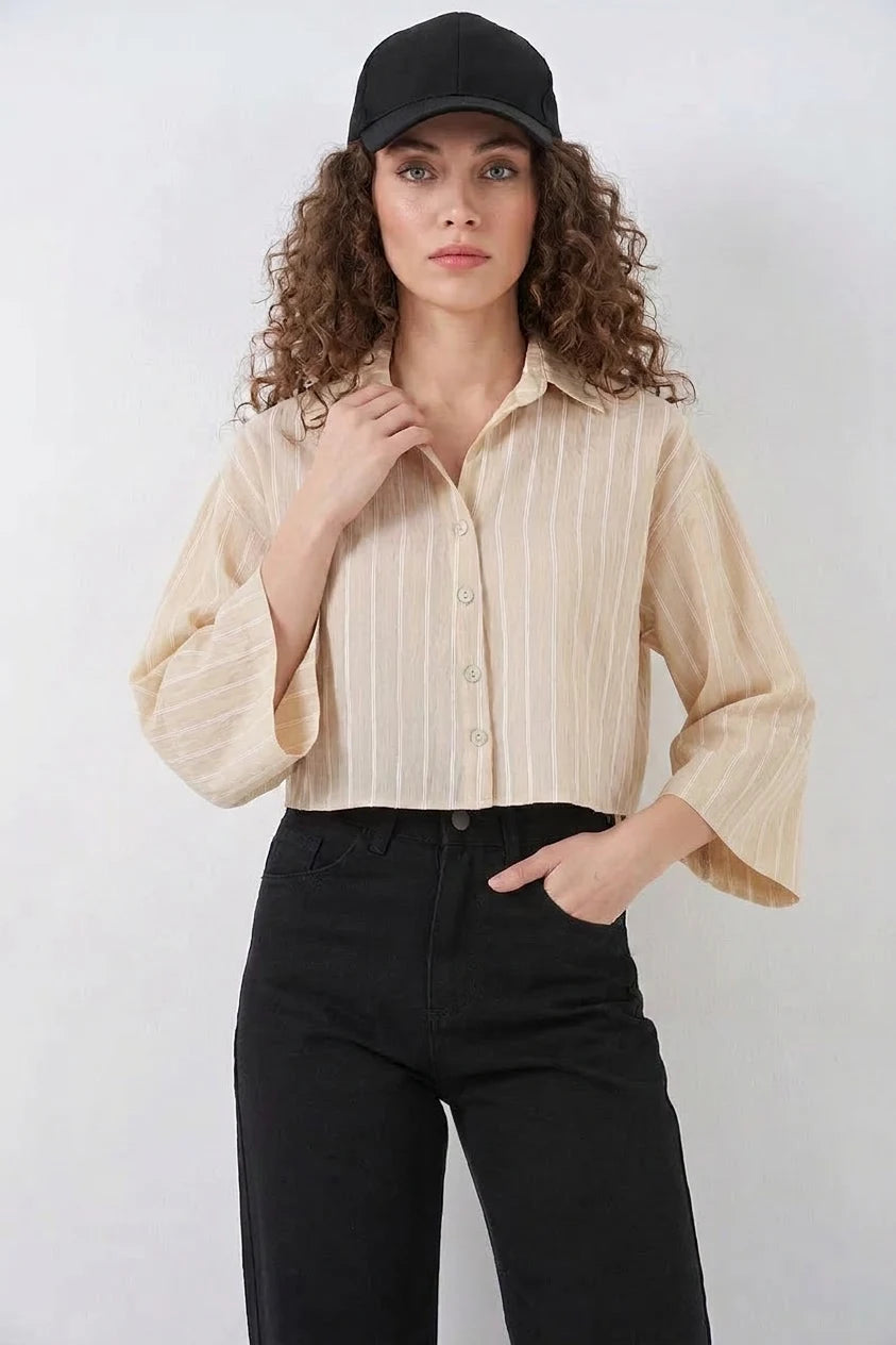 Kadın Oversize Çizgili Viskon Bej Gömlek