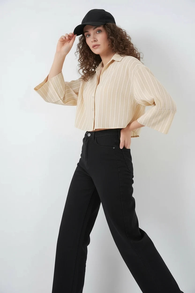 Kadın Oversize Çizgili Viskon Bej Gömlek