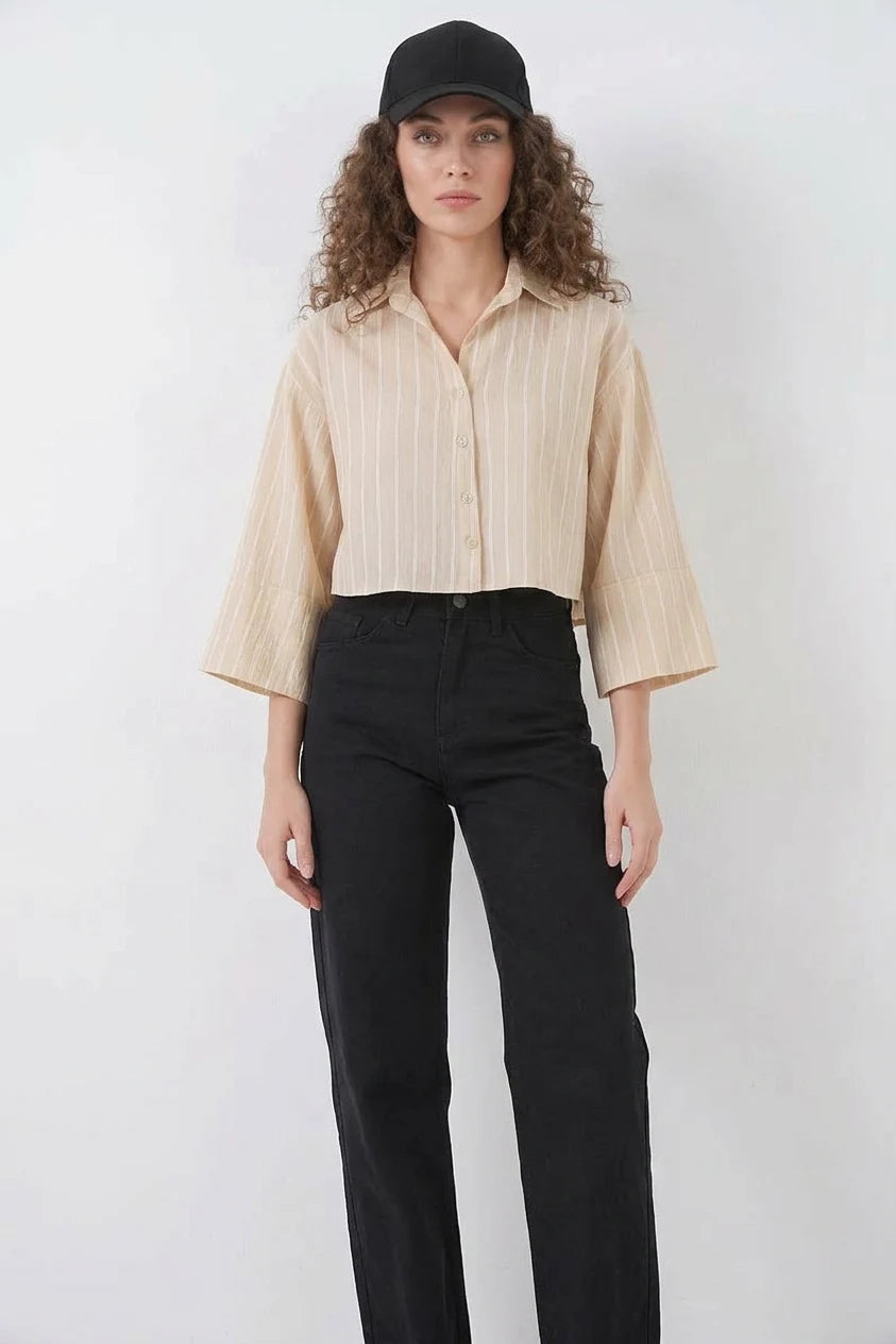 Kadın Oversize Çizgili Viskon Bej Gömlek