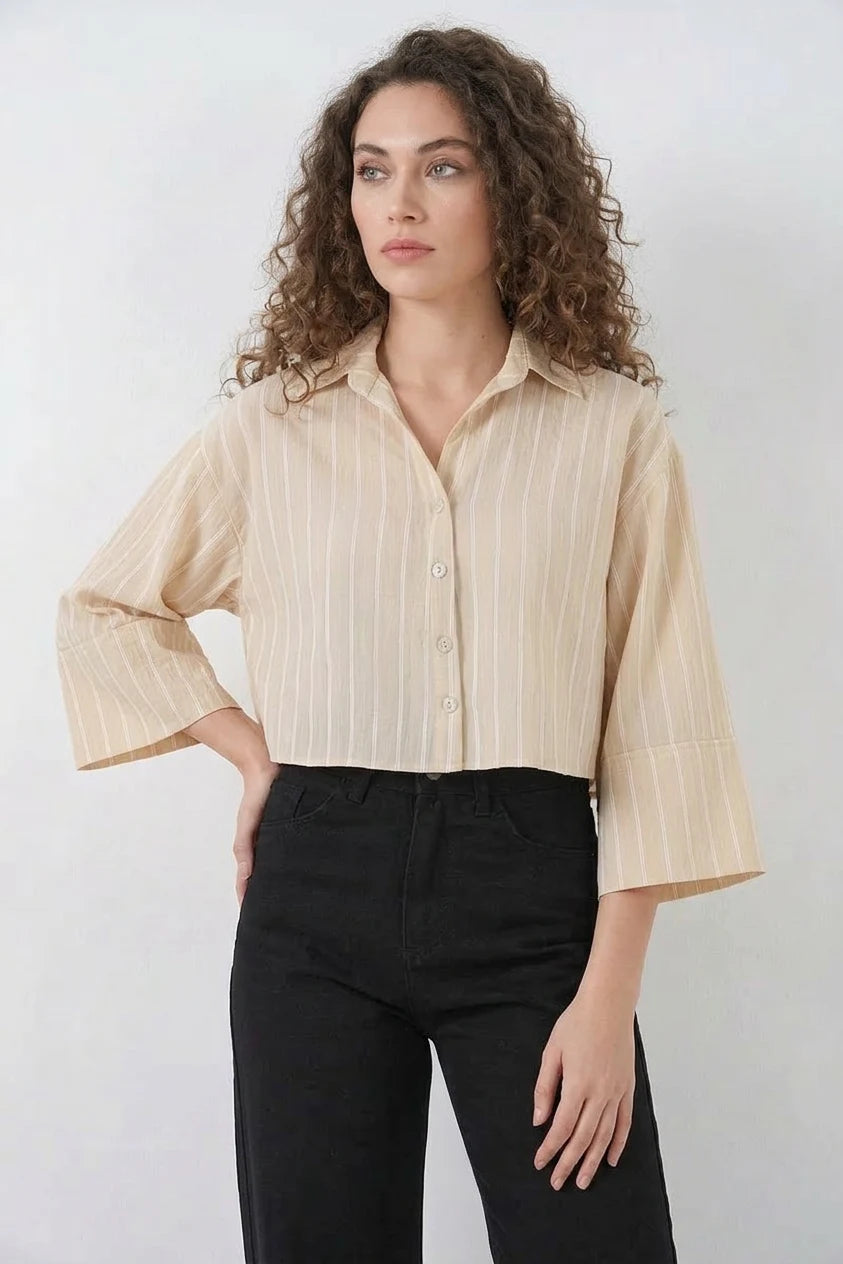 Kadın Oversize Çizgili Viskon Bej Gömlek