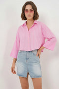 Kadın Oversize Çizgili Viskon Pembe Gömlek