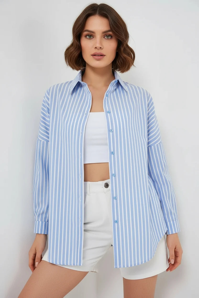 Kadın Oversize Çizgili Pamuklu Mavi Gömlek