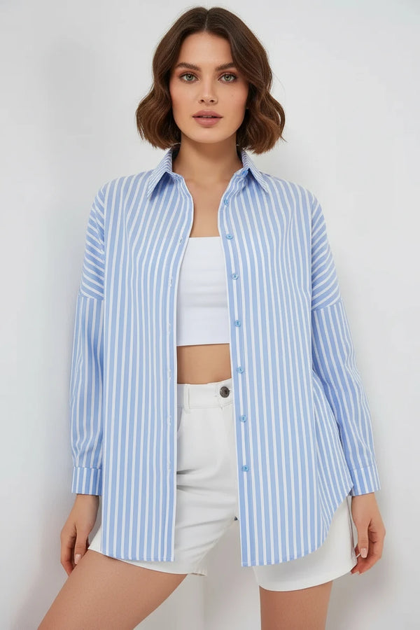 Kadın Oversize Çizgili Pamuklu Mavi Gömlek