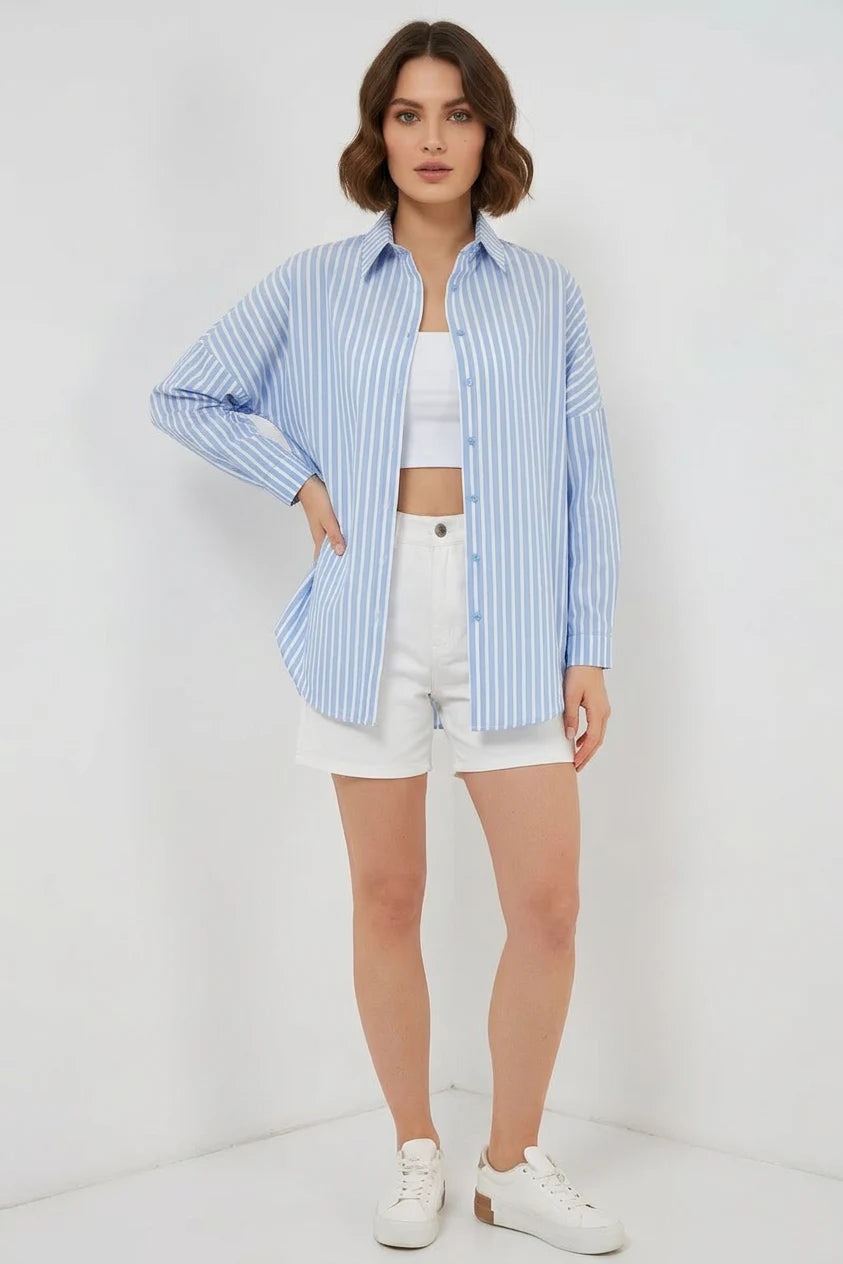 Kadın Oversize Çizgili Pamuklu Mavi Gömlek