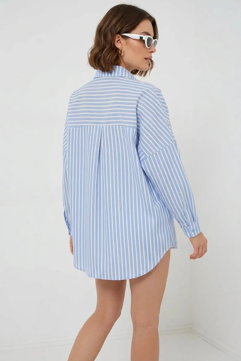 Kadın Oversize Çizgili Pamuklu Mavi Gömlek