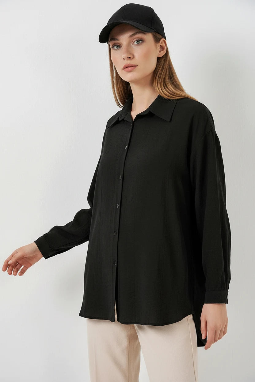 Kadın Oversize Kesim Pamuklu Siyah Gömlek