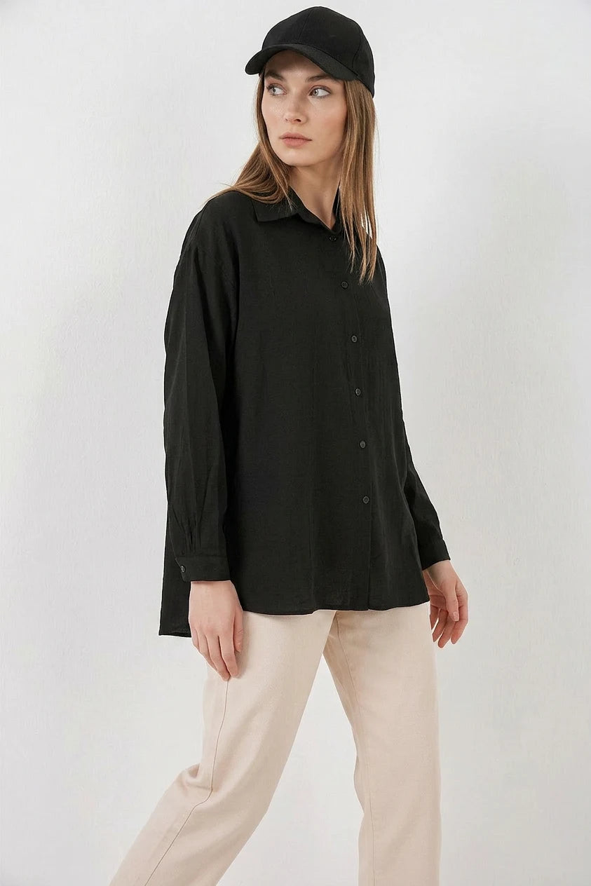 Kadın Oversize Kesim Pamuklu Siyah Gömlek