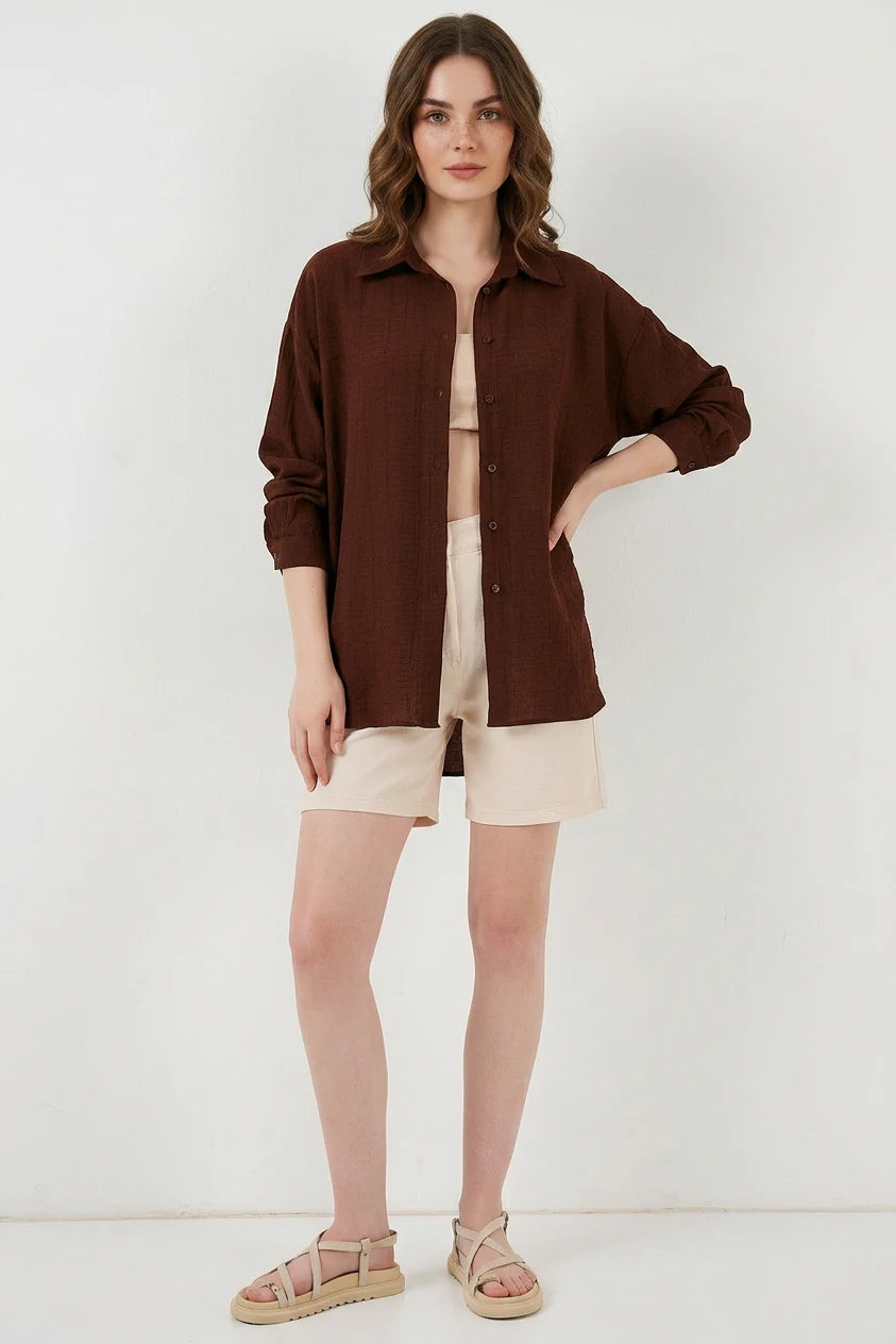 Kadın Oversize Kesim Pamuklu Kahverengi Gömlek