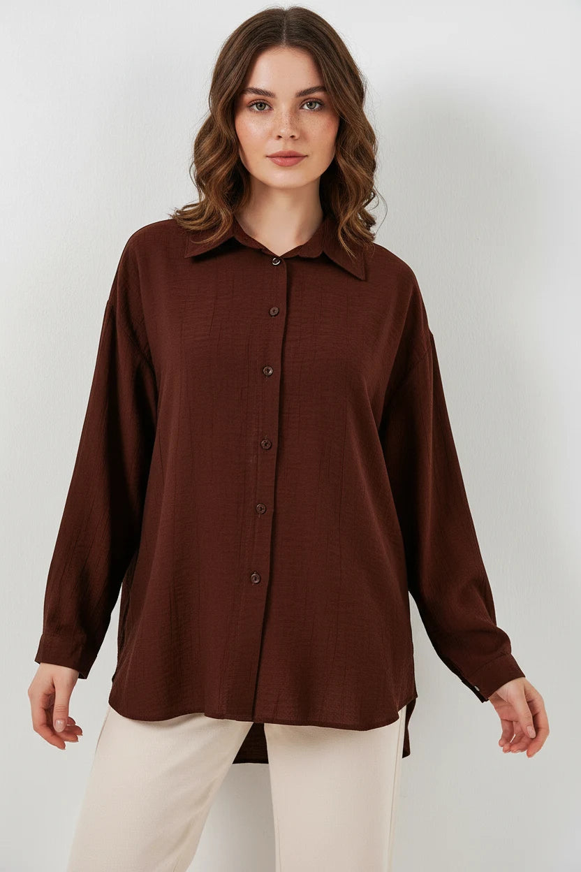 Kadın Oversize Kesim Pamuklu Kahverengi Gömlek