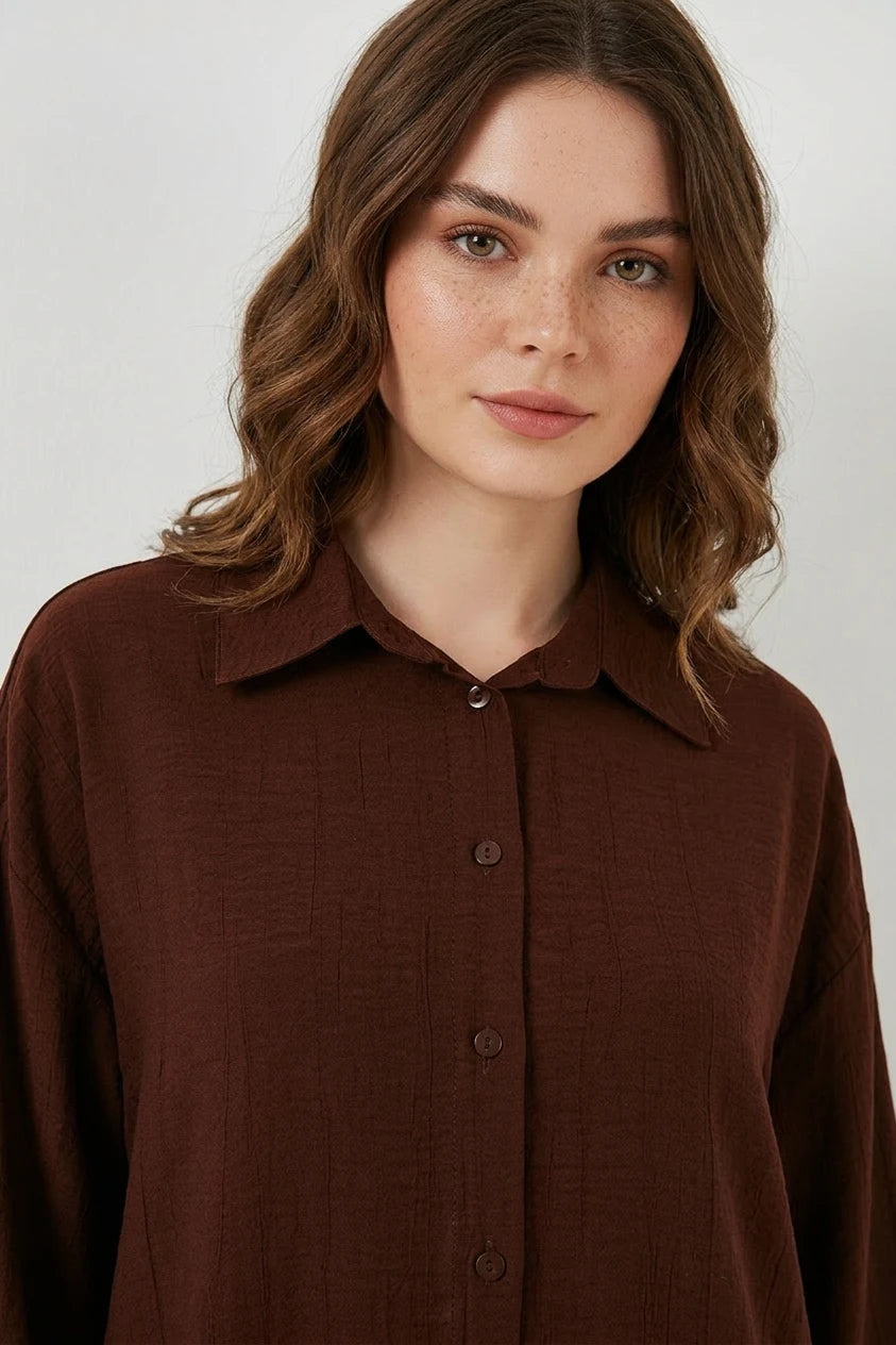 Kadın Oversize Kesim Pamuklu Kahverengi Gömlek