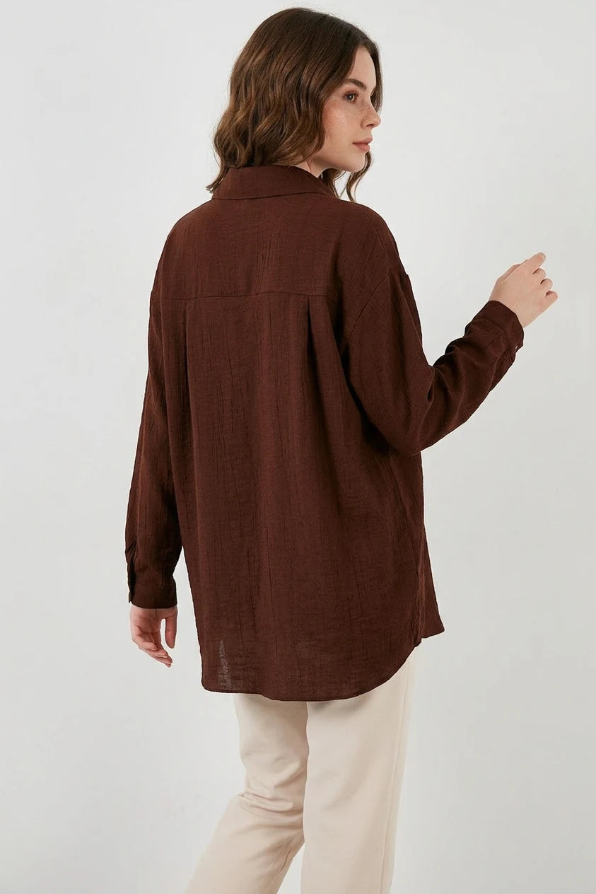 Kadın Oversize Kesim Pamuklu Kahverengi Gömlek