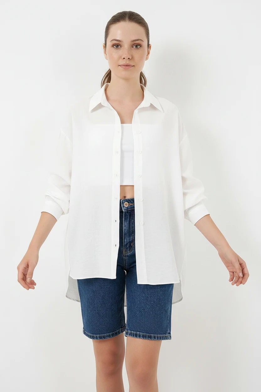 Kadın Oversize Kesim Pamuklu Beyaz Gömlek
