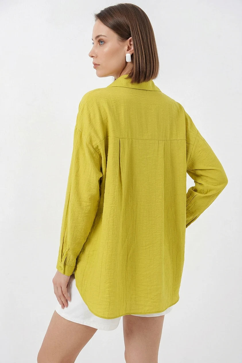 Kadın Oversize Pamuklu Hardal Gömlek