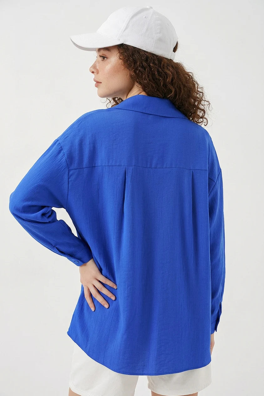 Kadın Oversize Pamuklu Saks Gömlek