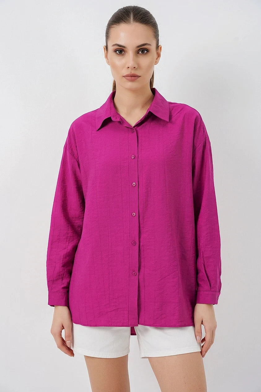 Kadın Oversize Pamuklu Koyu Pembe Gömlek