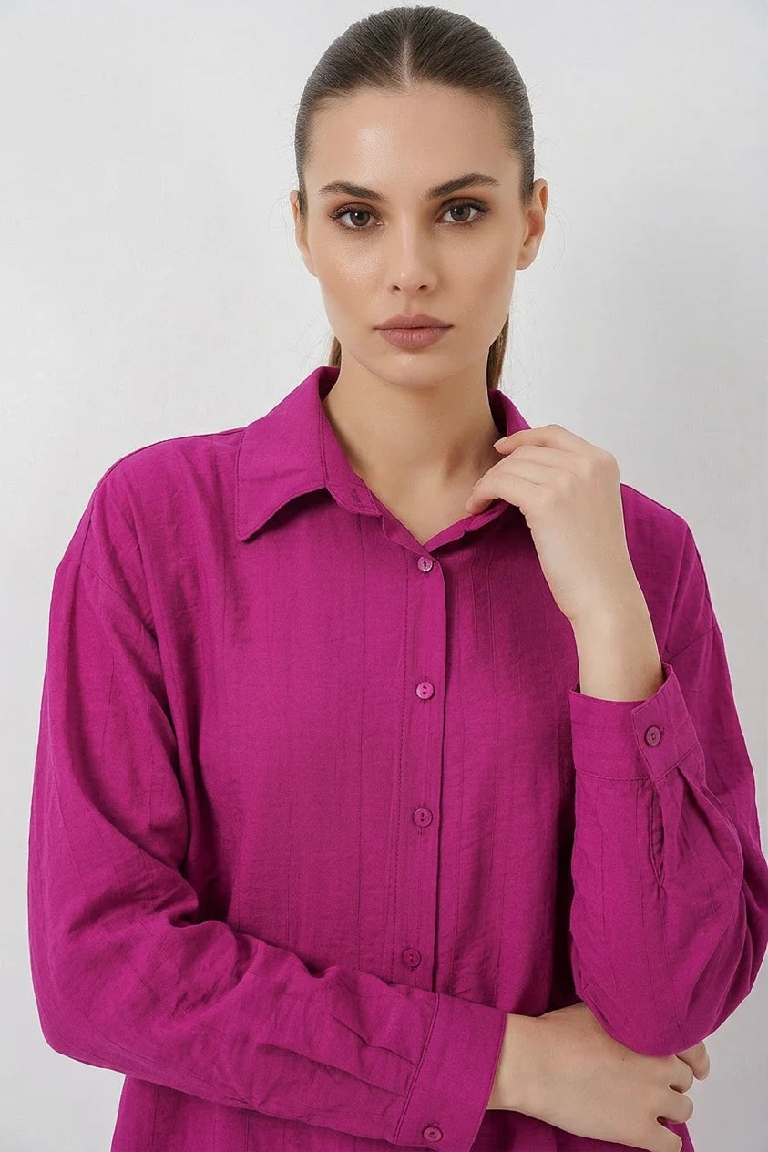 Kadın Oversize Pamuklu Koyu Pembe Gömlek