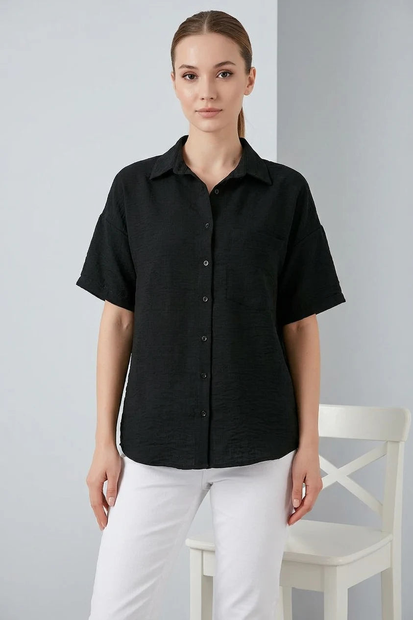 Kadın Kısa Kol Viskon Siyah Gömlek