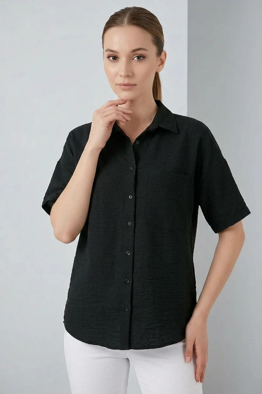Kadın Kısa Kol Viskon Siyah Gömlek