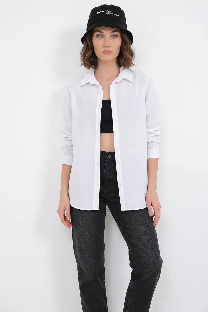 Kadın Oversize Basic Pamuklu Beyaz Gömlek