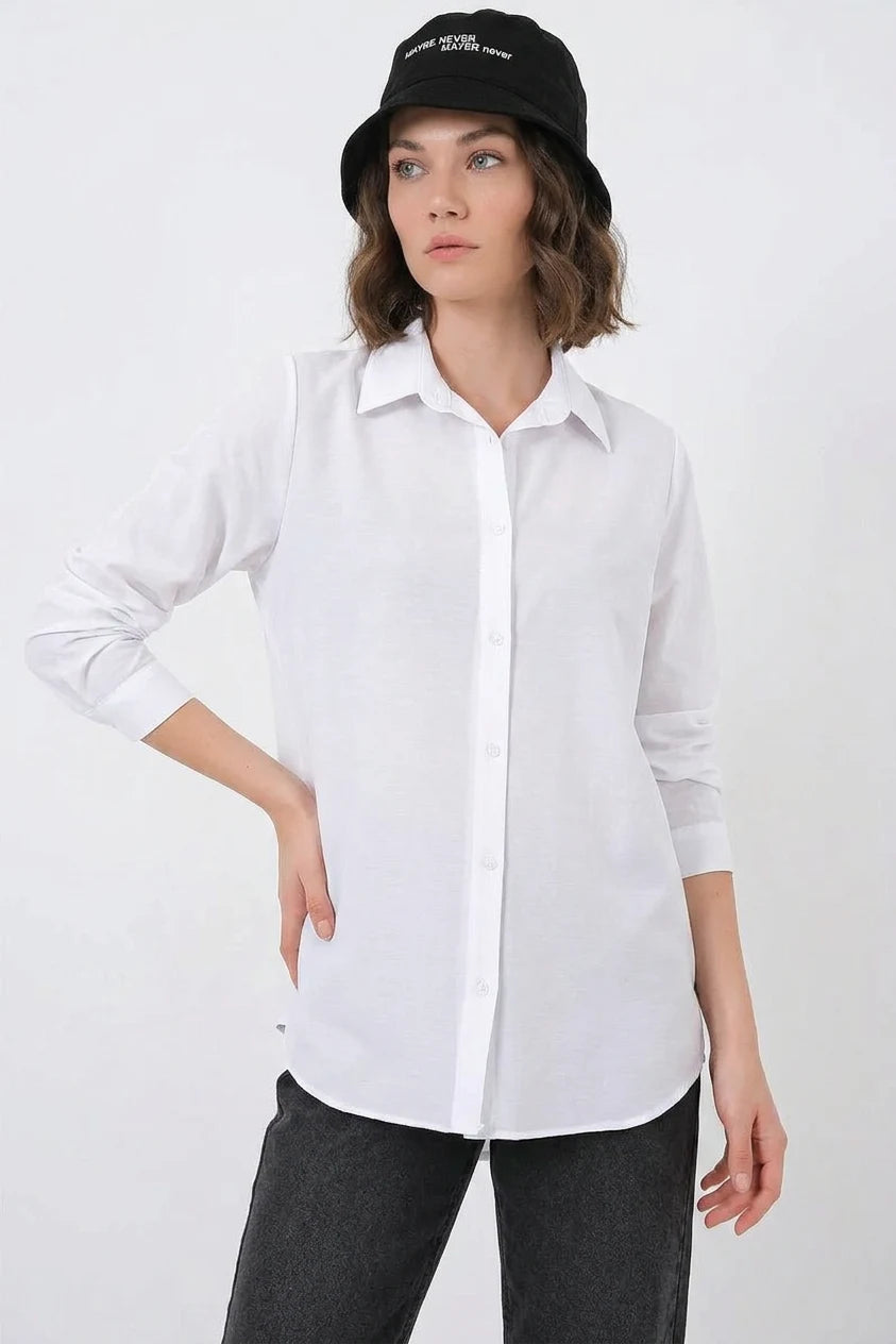 Kadın Oversize Basic Pamuklu Beyaz Gömlek