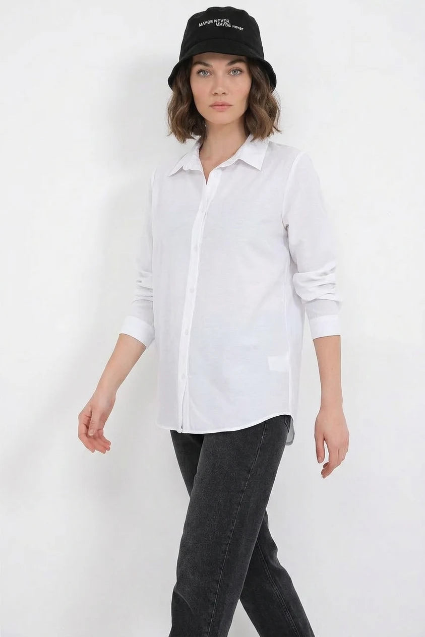 Kadın Oversize Basic Pamuklu Beyaz Gömlek