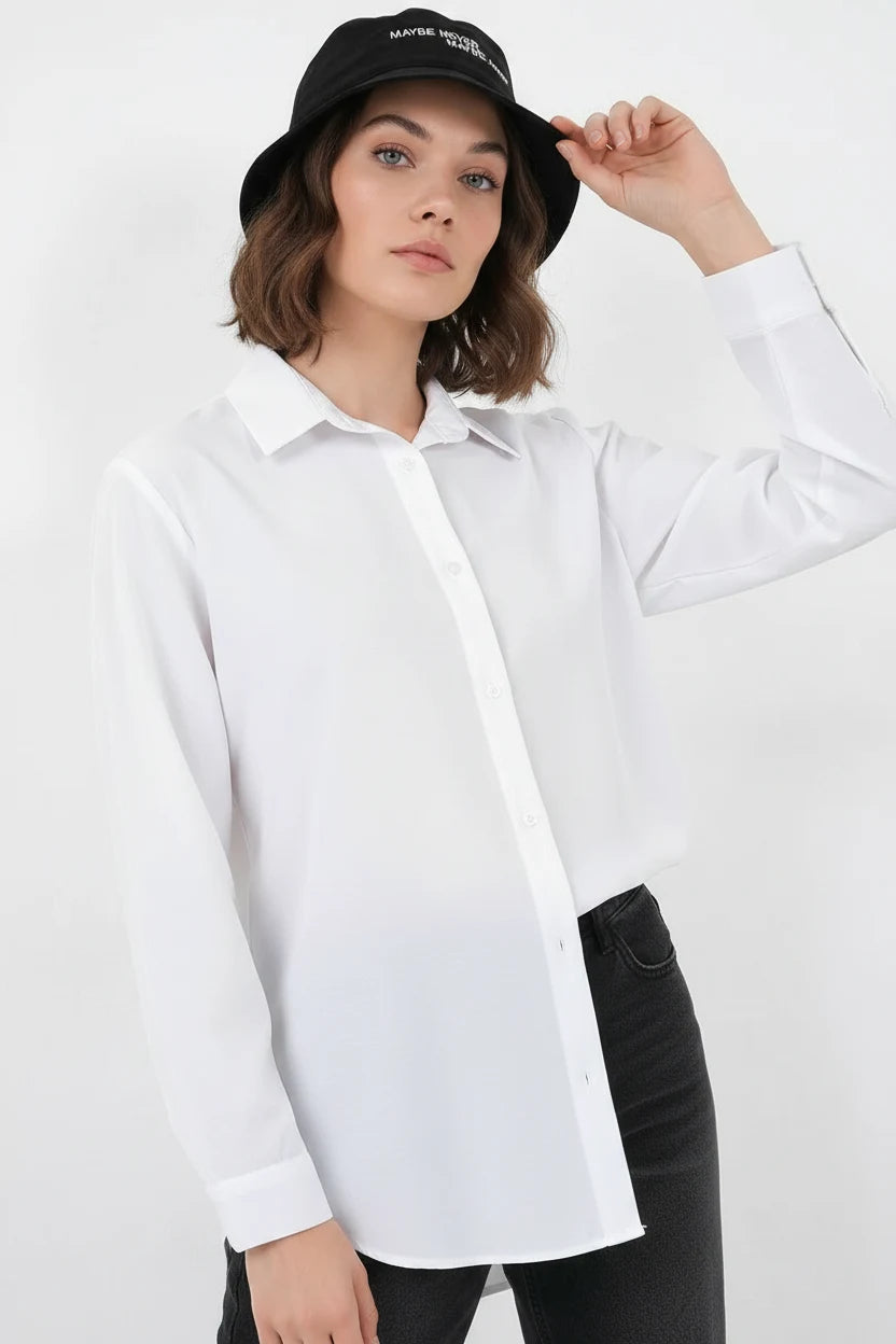 Kadın Oversize Basic Pamuklu Beyaz Gömlek