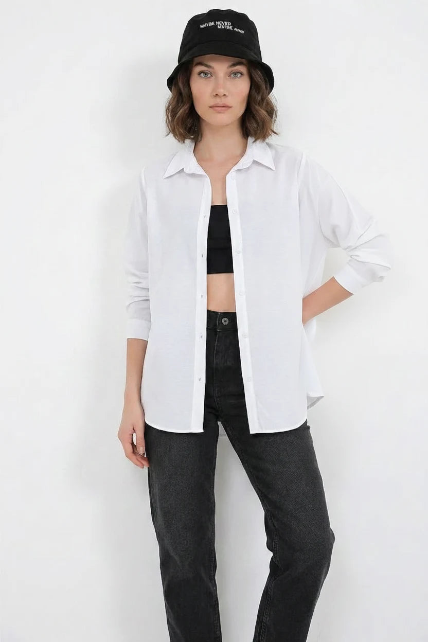 Kadın Oversize Basic Pamuklu Beyaz Gömlek