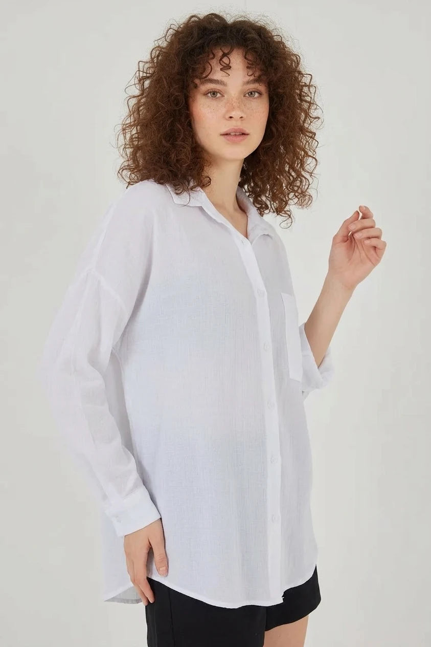 Kadın Tek Cepli Oversize Viskon Beyaz Gömlek