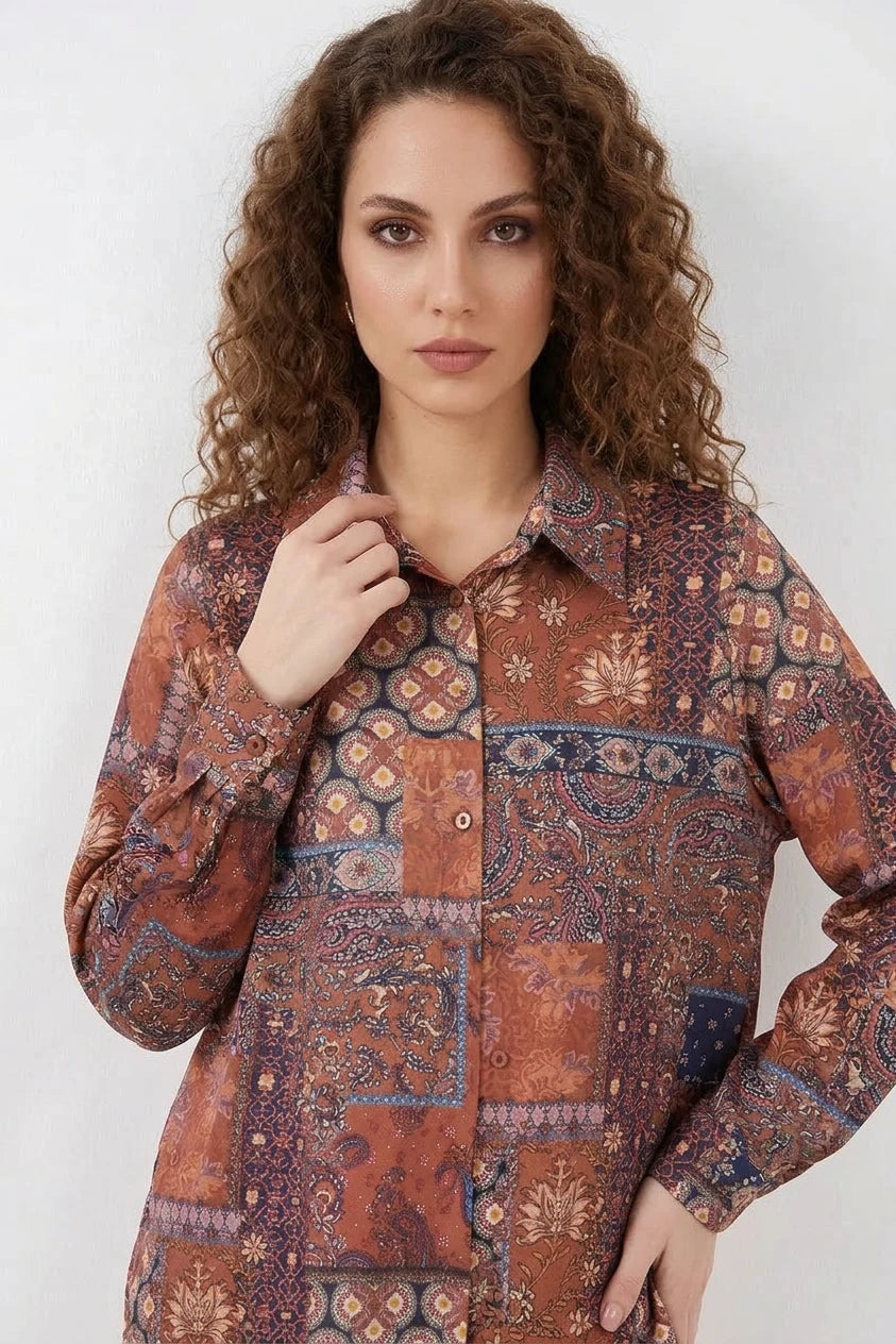 Kadın Oversize Desenli Saten Kiremit Gömlek