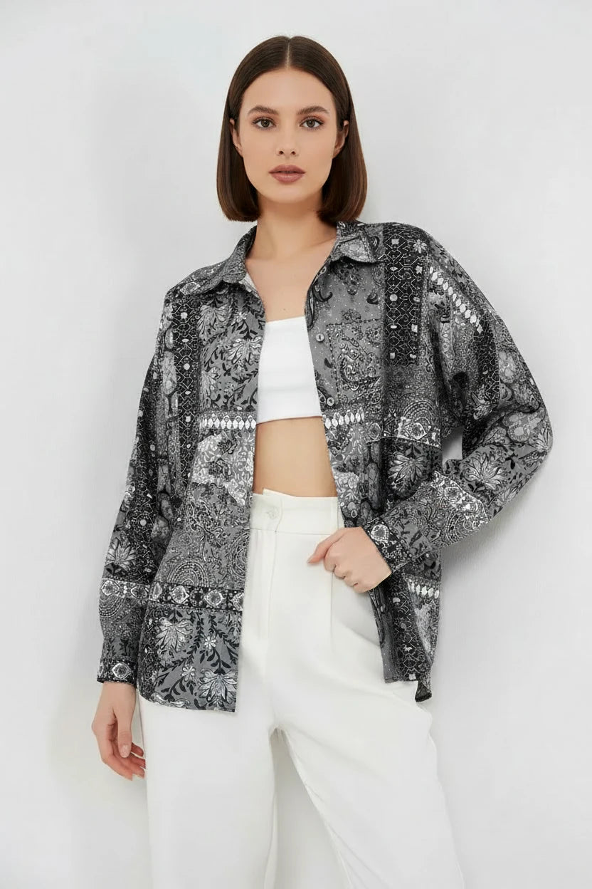 Kadın Oversize Desenli Saten Antrasit Gömlek
