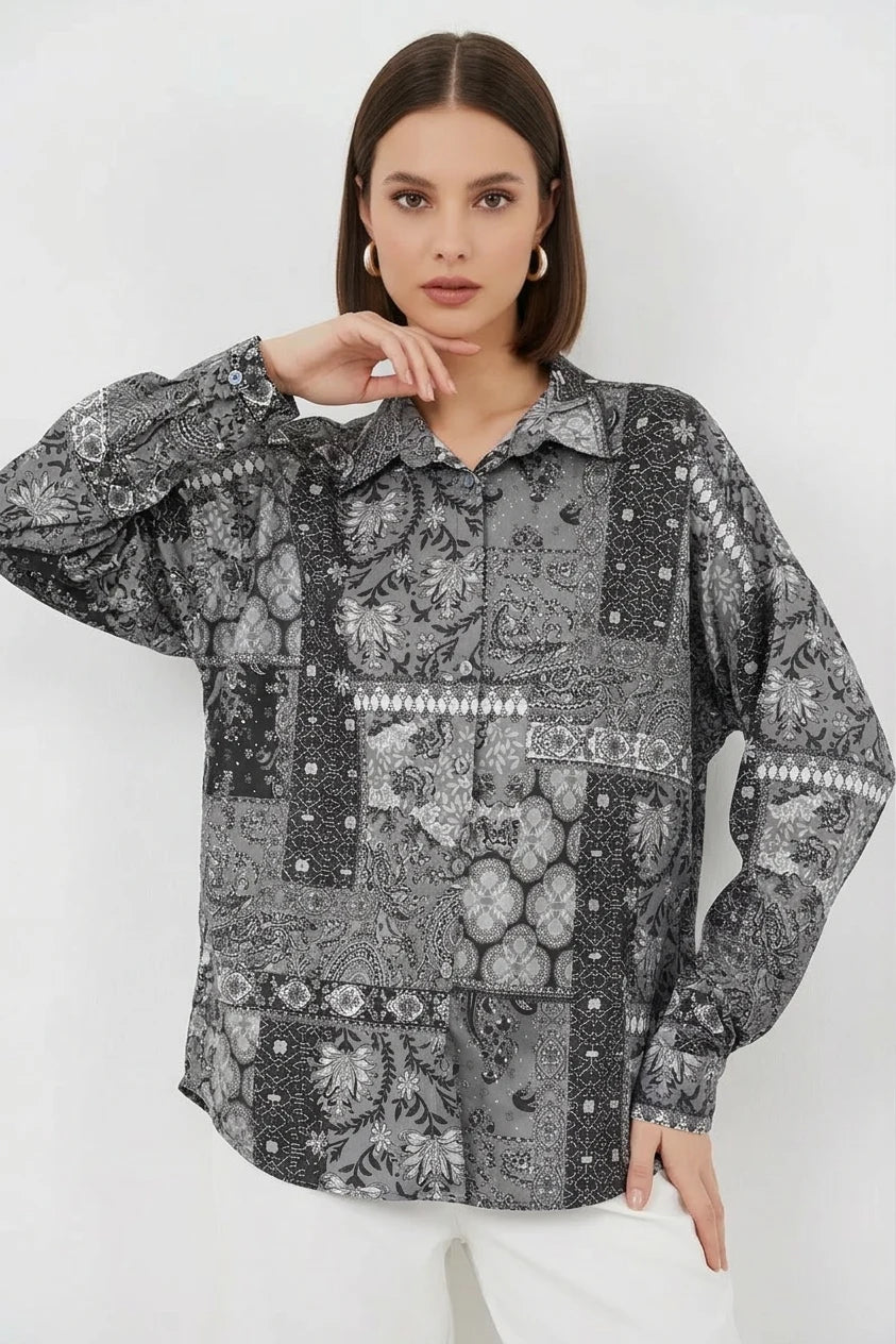 Kadın Oversize Desenli Saten Antrasit Gömlek
