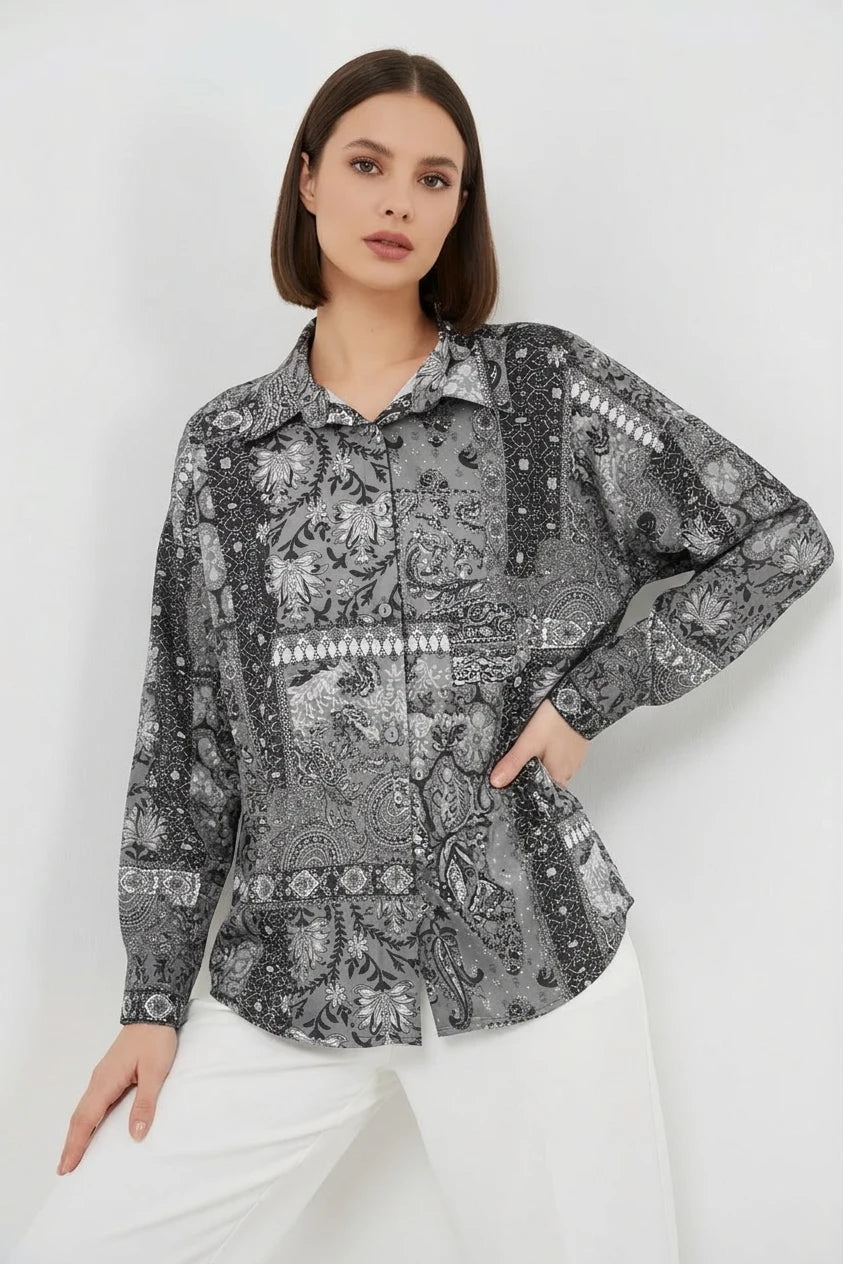 Kadın Oversize Desenli Saten Antrasit Gömlek