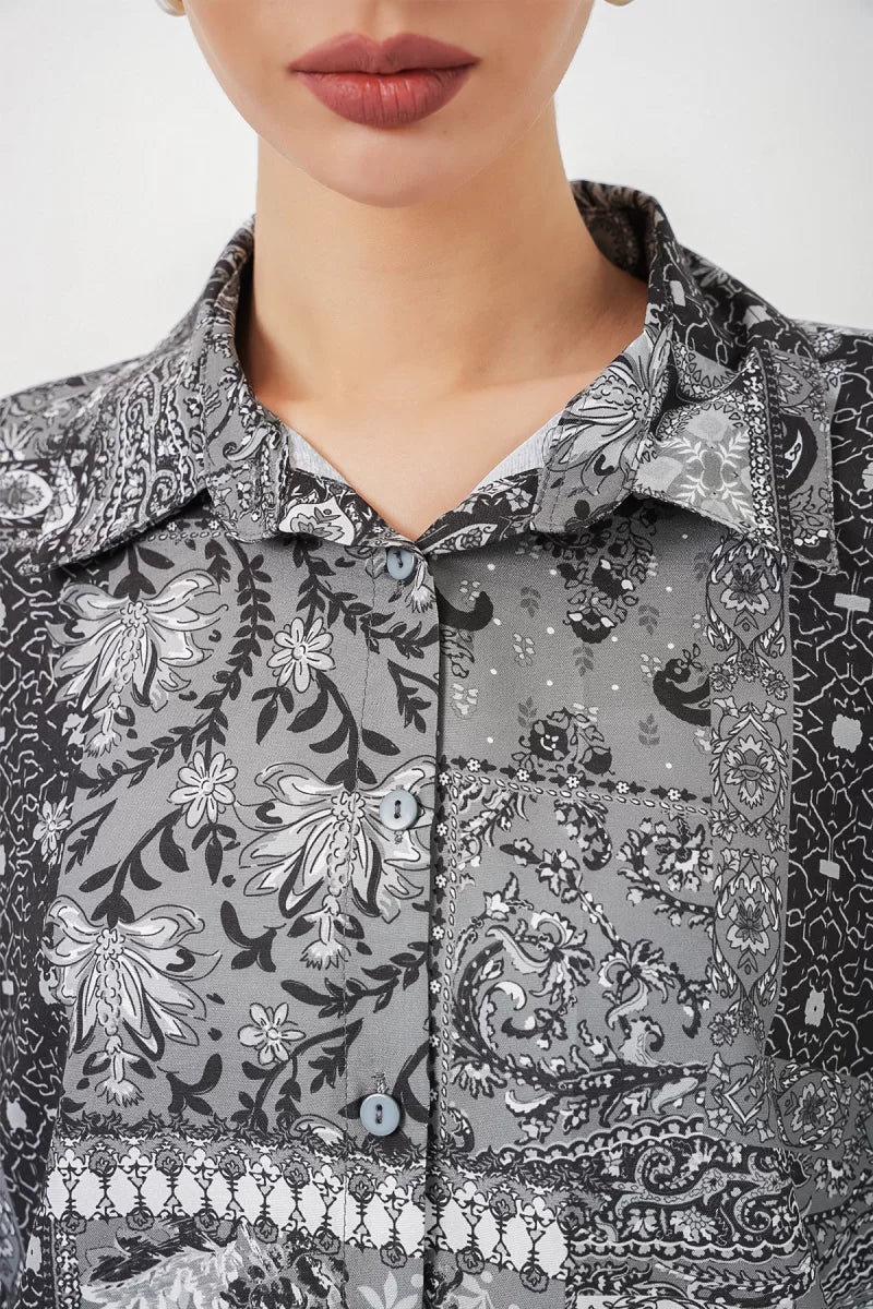 Kadın Oversize Desenli Saten Antrasit Gömlek