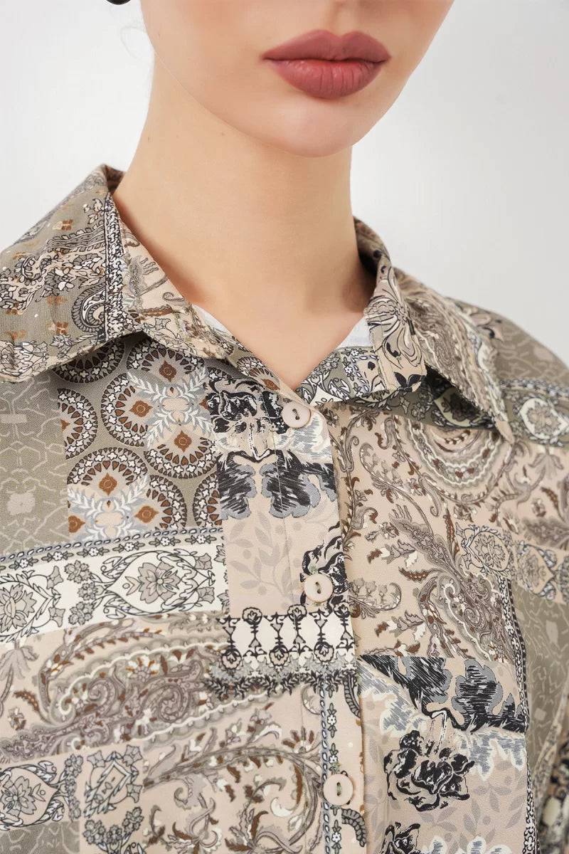 Kadın Oversize Desenli Saten Çağla Yeşili Gömlek
