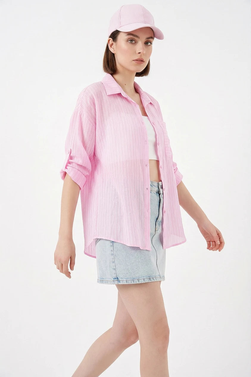 Kadın Oversize Tek Cepli Çizgili Viskon Pembe Gömlek