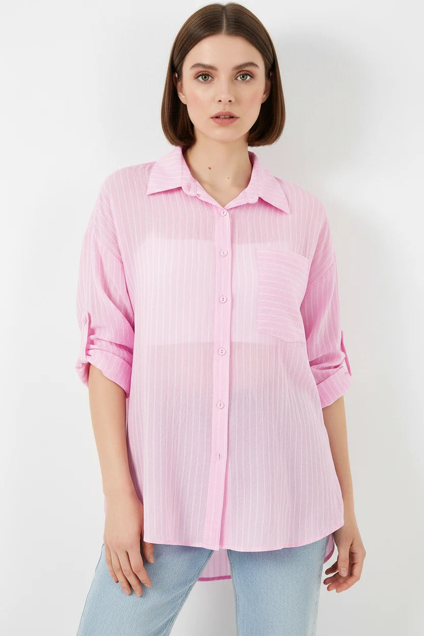 Kadın Oversize Tek Cepli Çizgili Viskon Pembe Gömlek