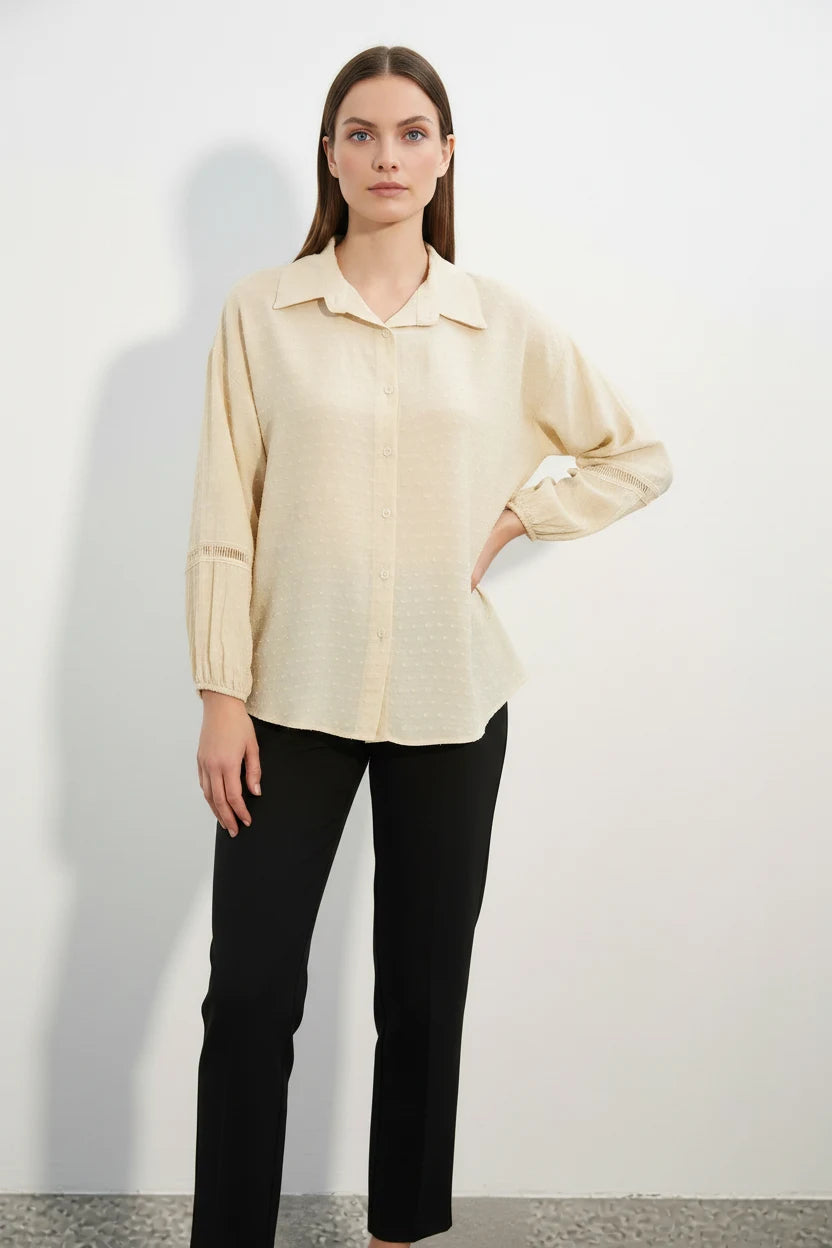 Kadın Oversize Desenli Krem Gömlek