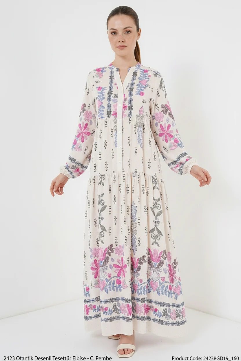 Kadın Gömlek Yaka Beli Büzgülü Uzun Kol Çiçek Desenli Viskon C. Pembe Tesettür Elbise