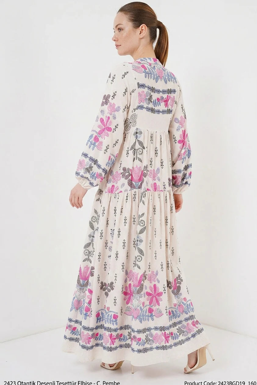 Kadın Gömlek Yaka Beli Büzgülü Uzun Kol Çiçek Desenli Viskon C. Pembe Tesettür Elbise