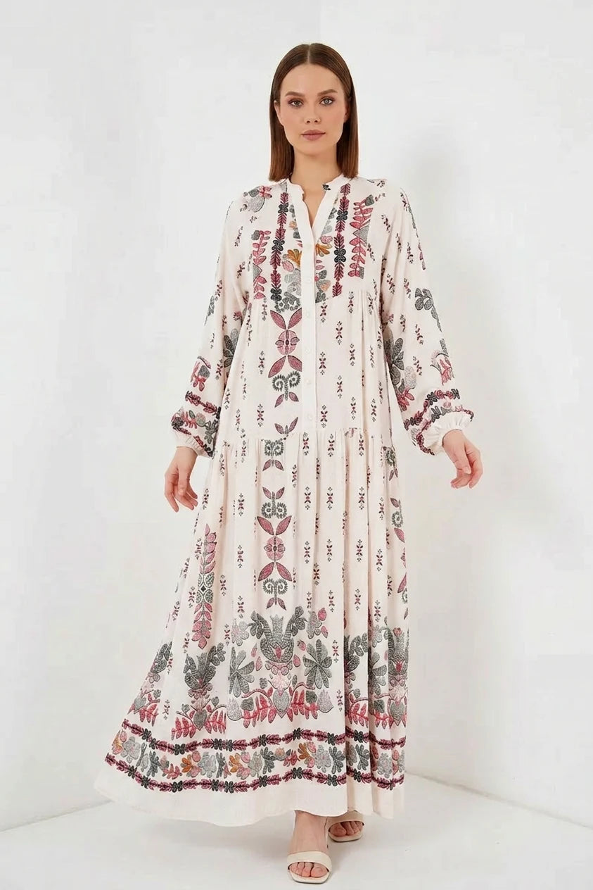 Kadın Hakim Yaka Beli Büzgülü Çiçek Desenli Viskon Kırmızı Tesettür Elbise