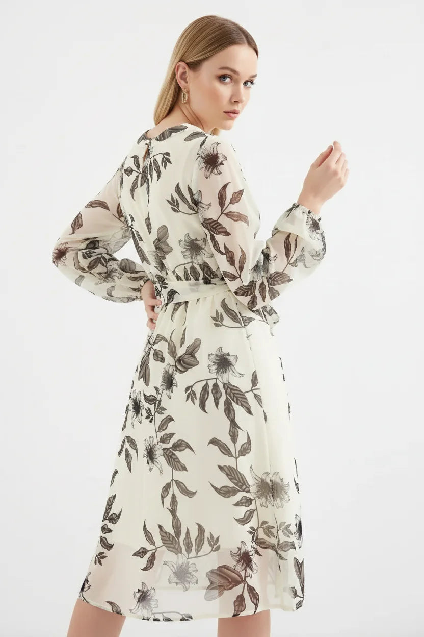 Kadın V Yaka Kuşaklı Çiçek Desenli Şifon Ekru Elbise