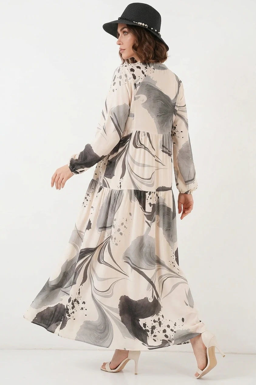 Kadın Gömlek Yaka Belden Büzgülü Desenli Viskon Siyah Tesettür Elbise