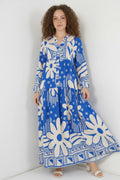 Kadın V Yaka Beli Büzgülü Çiçek Desenli Viskon Mavi Tesettür Elbise