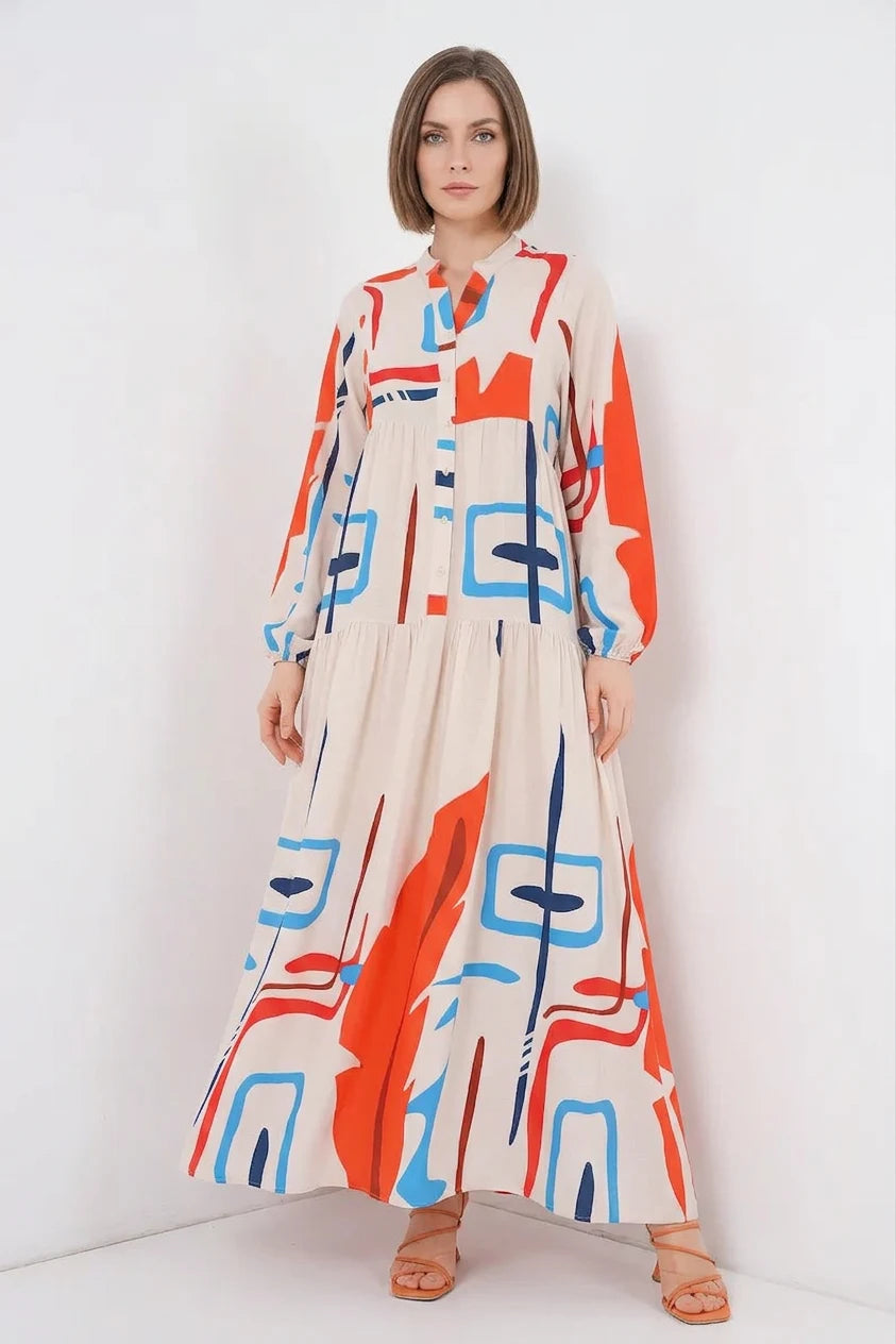 Kadın Belden Büzgülü Desenli Viskon Turuncu Tesettür Elbise