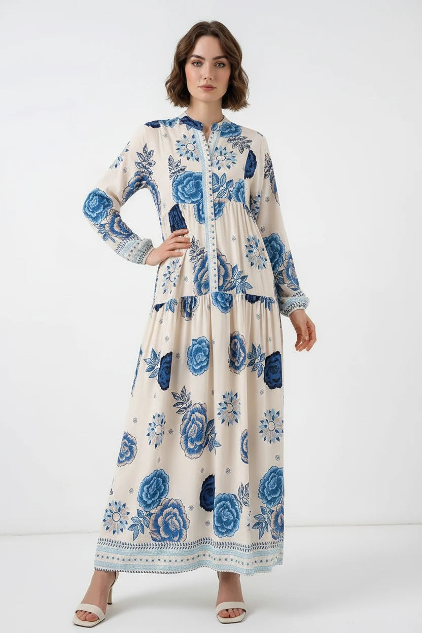 Kadın Hakim Yaka Beli Büzgülü Çiçek Desenli Viskon C.Saks Tesettür Elbise
