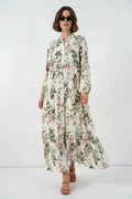 Kadın Gömlek Yaka Beli Büzgülü Çiçek Desenli Viskon Çağla Yeşili Tesettür Elbise