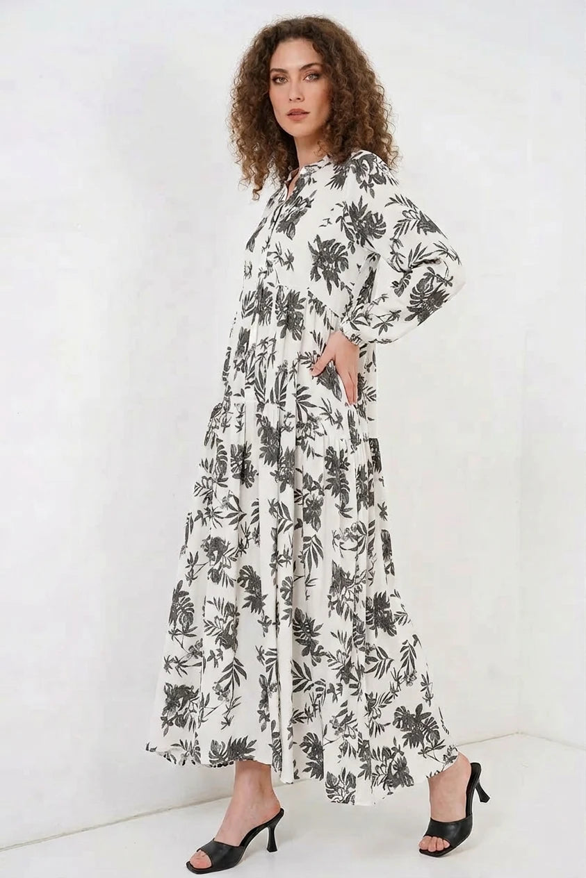 Kadın Otantik Desenli Viskon V. Antrasit Tesettür Elbise