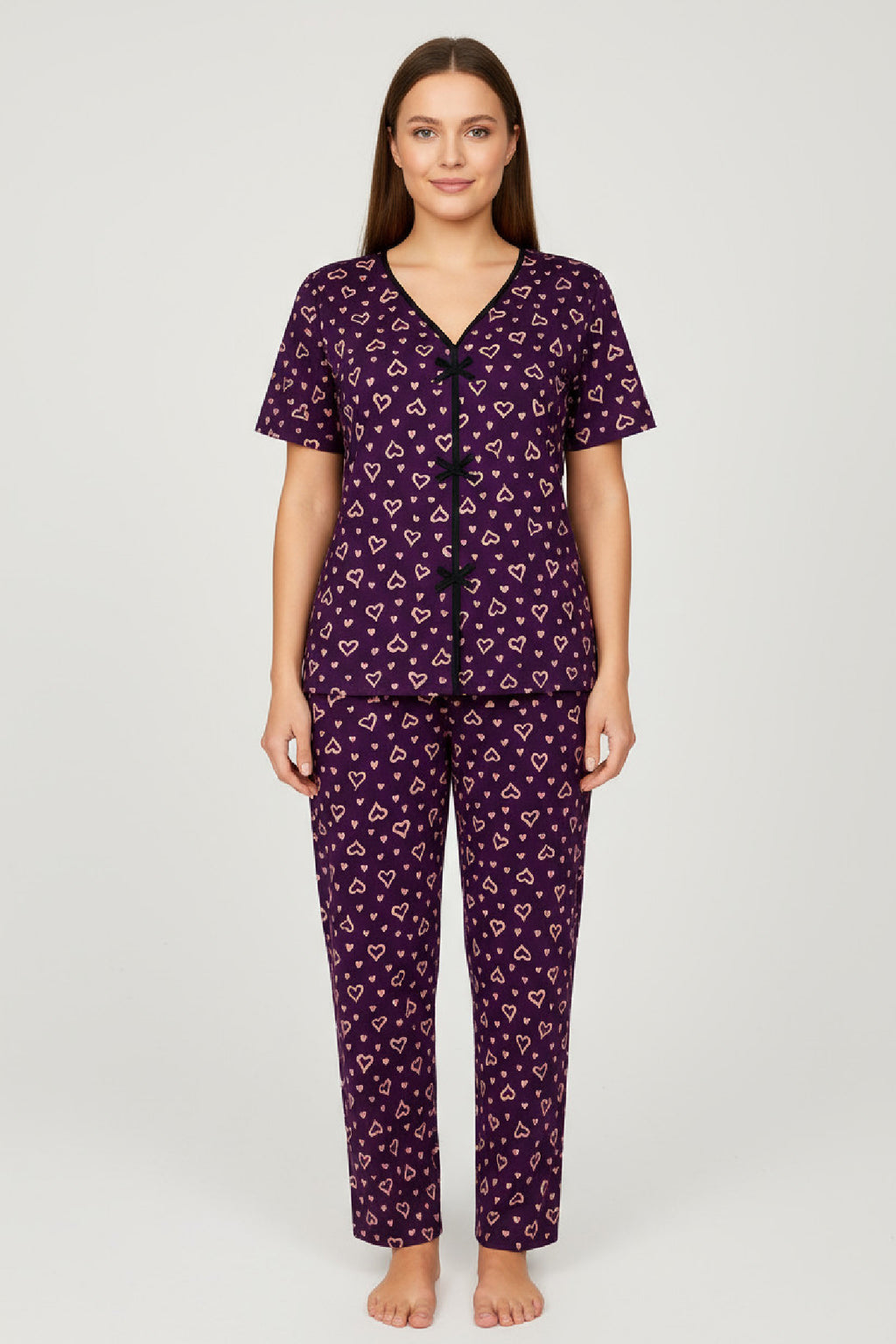 Kadın Mor Kalp Desenli Fiyonklu Kısa Kollu Uzun Pijama Takımı